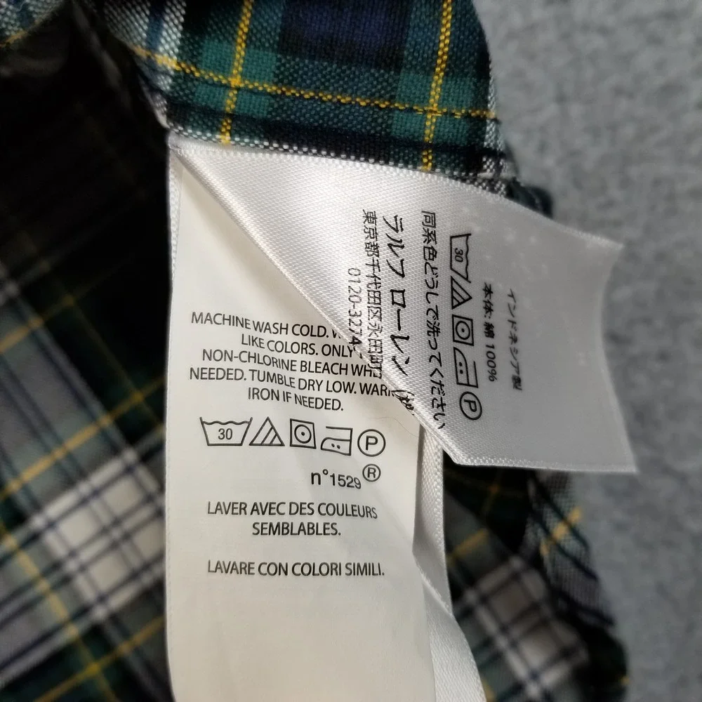 Ralph Lauren Button Up Shirt Boys L Large Green Blue Plaid Pony Long Sleeve Logo